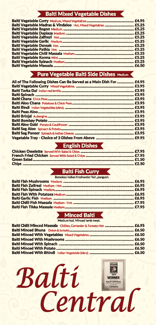 Balti Central take-away menu page 1